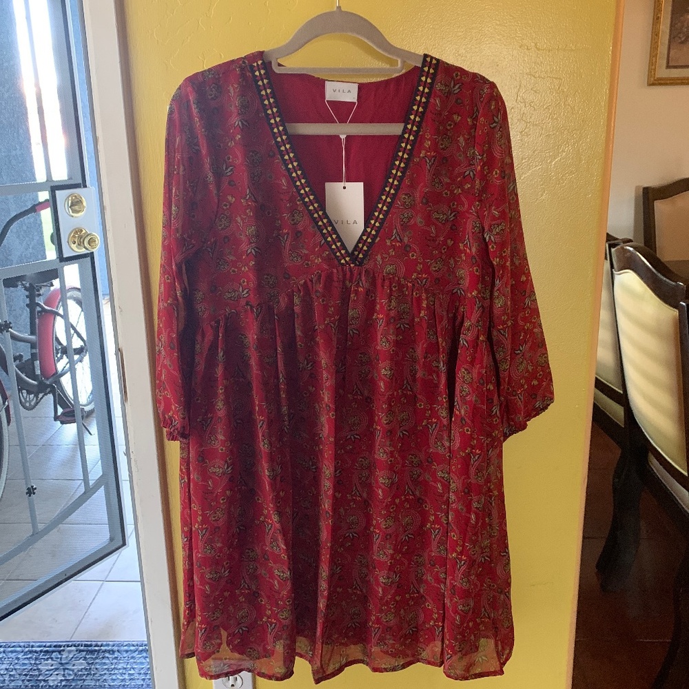 ASOS boho floral red mini babydoll dress size 4 small
